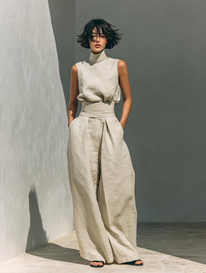 Maria™ | Conjunto completo com blusa de alça e calças largas de algodão e linho