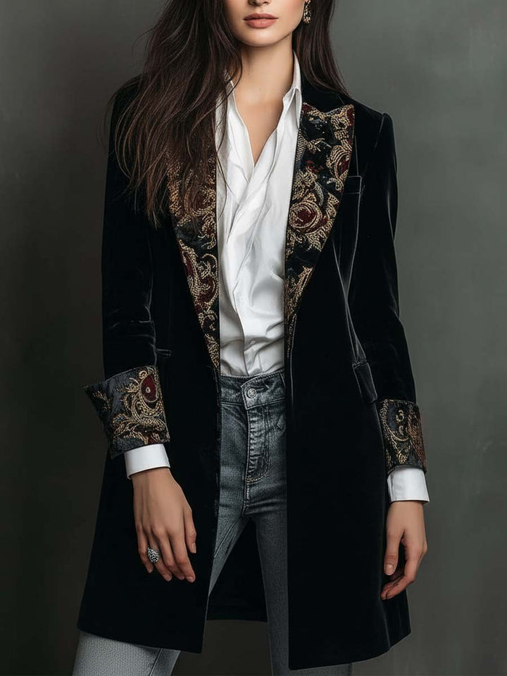 Blazer Slim Fit Feminino Preto com Estampa Barroca