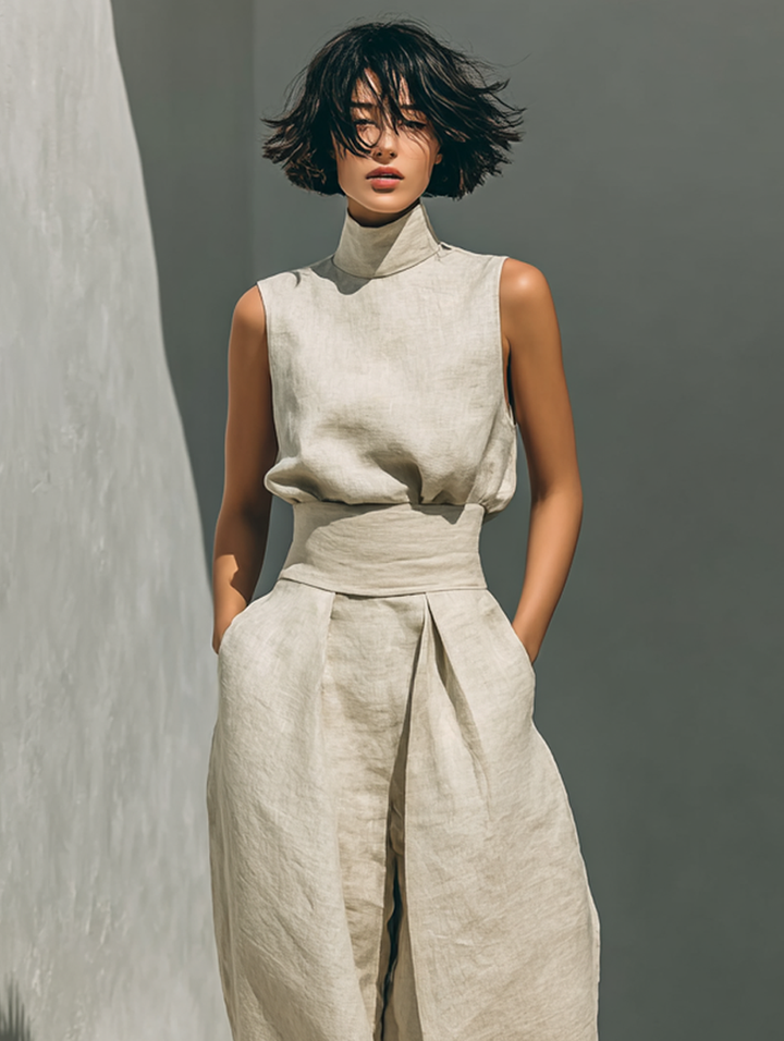 Maria™ | Conjunto completo com blusa de alça e calças largas de algodão e linho