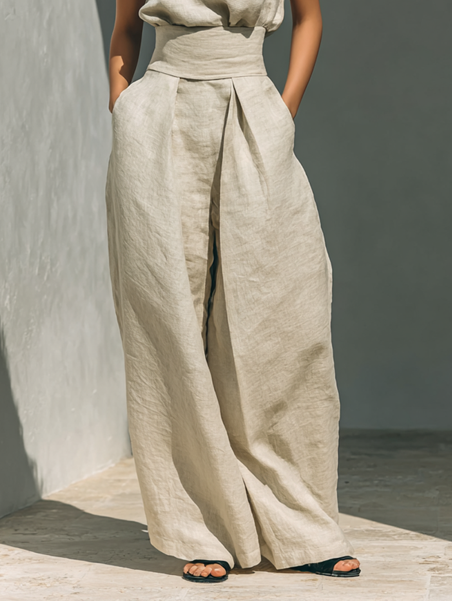 Maria™ | Conjunto completo com blusa de alças e calças largas de algodão e linho