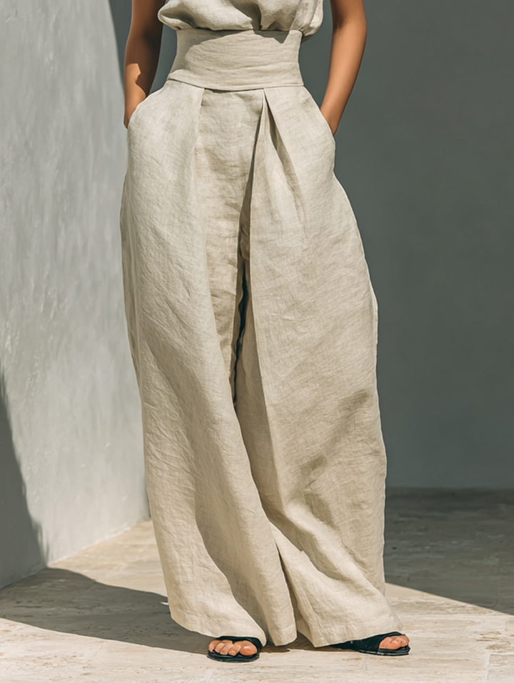 Maria™ | Conjunto completo com blusa de alças e calças largas de algodão e linho