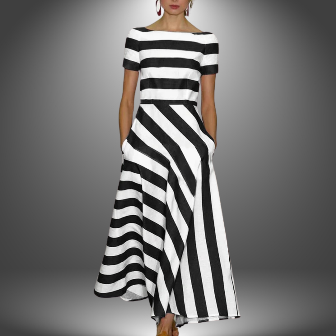 Lyric - Vestido Elegante de Manga Curta com Listras e Bolso