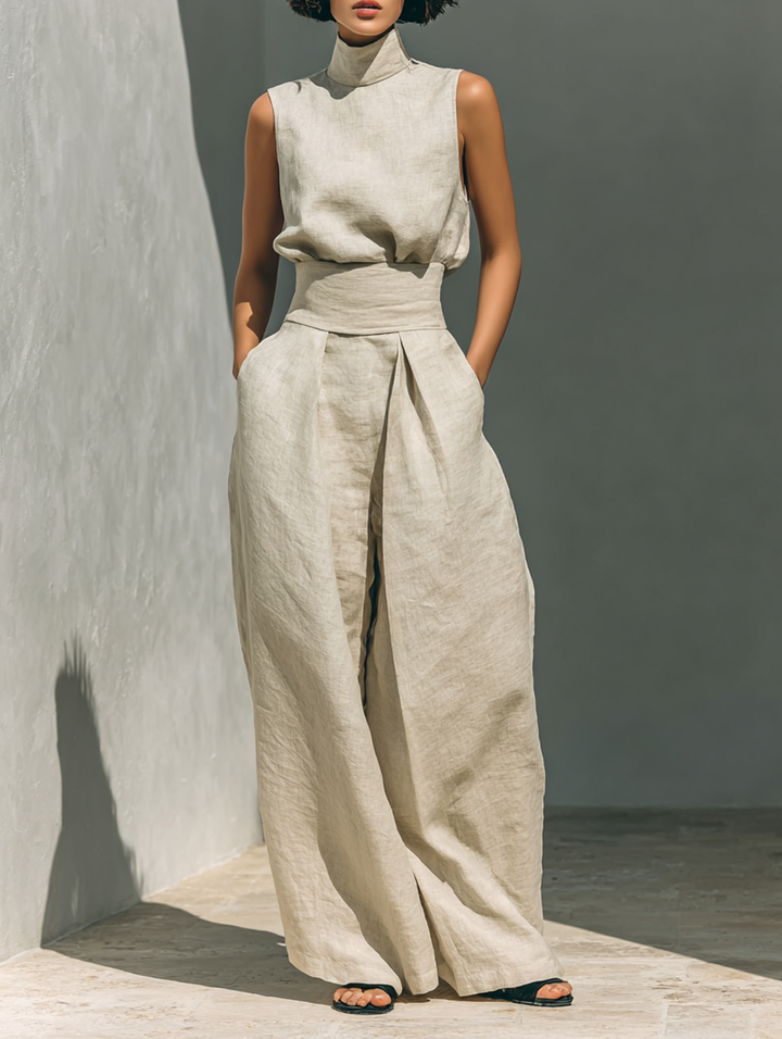Maria™ | Conjunto completo com blusa de alças e calças largas de algodão e linho
