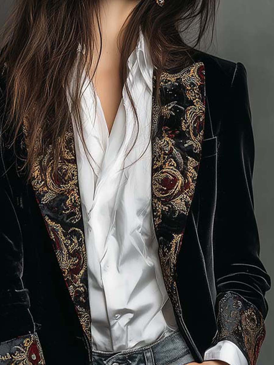 Blazer Slim Fit Feminino Preto com Estampa Barroca