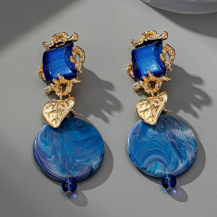 Golden Leaf With Geometric Resin Inlaid Dangle Earrings