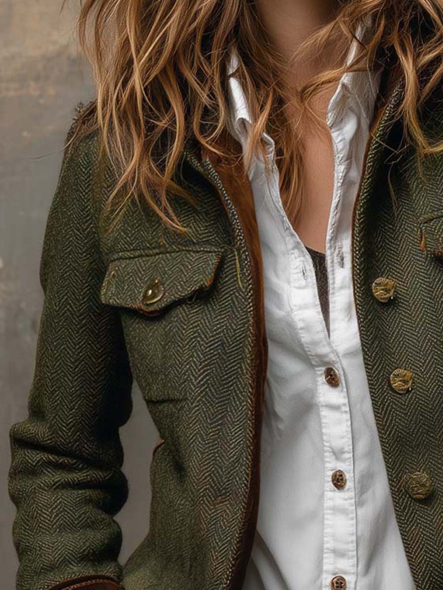 Blazer Feminino Vintage com Detalhes em Herringbone