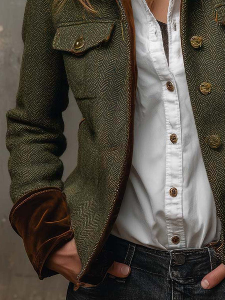 Blazer Feminino Vintage com Detalhes em Herringbone