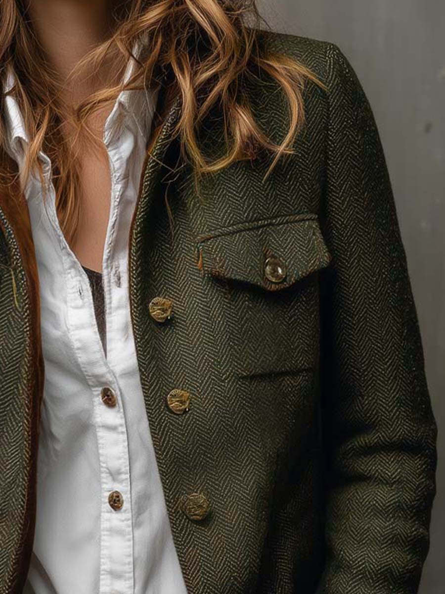 Blazer Feminino Vintage com Detalhes em Chevron
