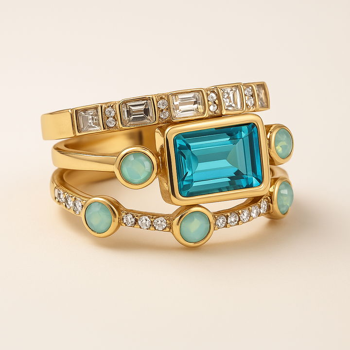 Conjunto de Anéis de Cristal Azul Vintage