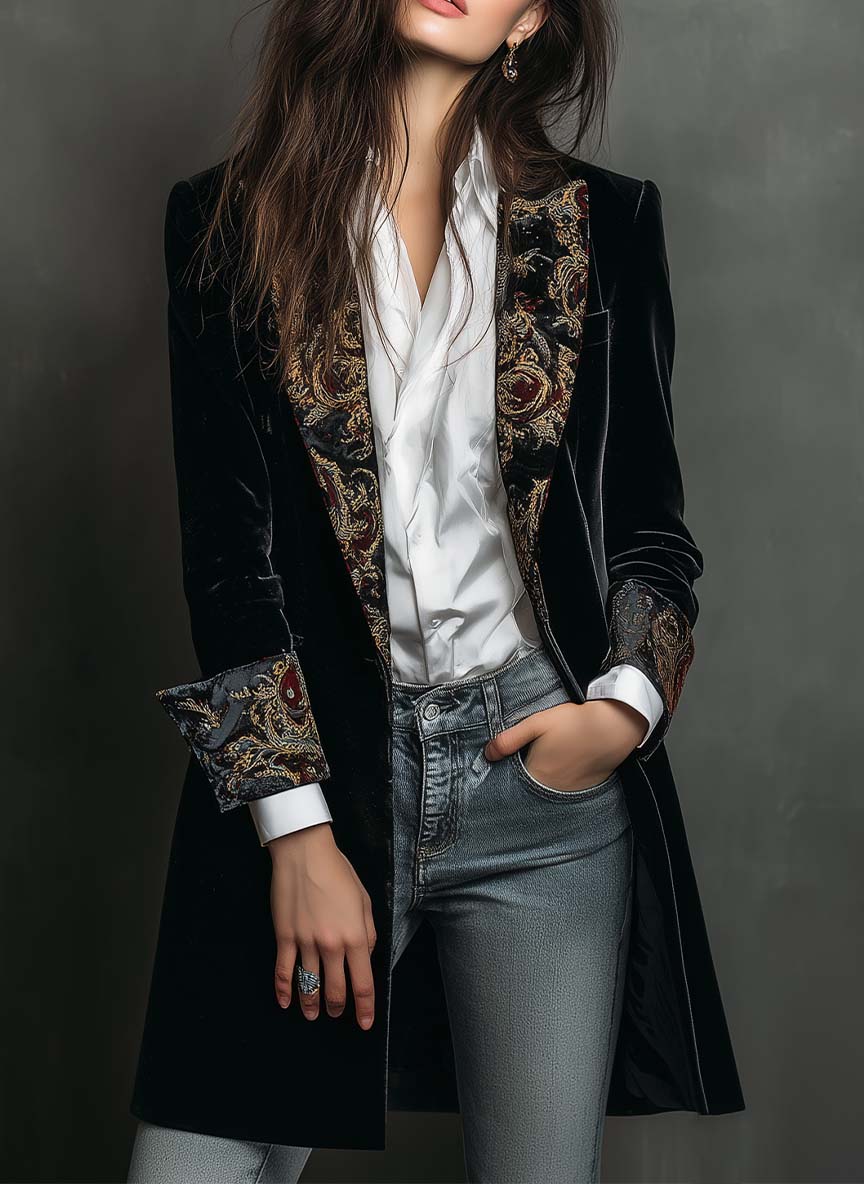 Blazer Slim Fit Feminino Preto com Estampa Barroca