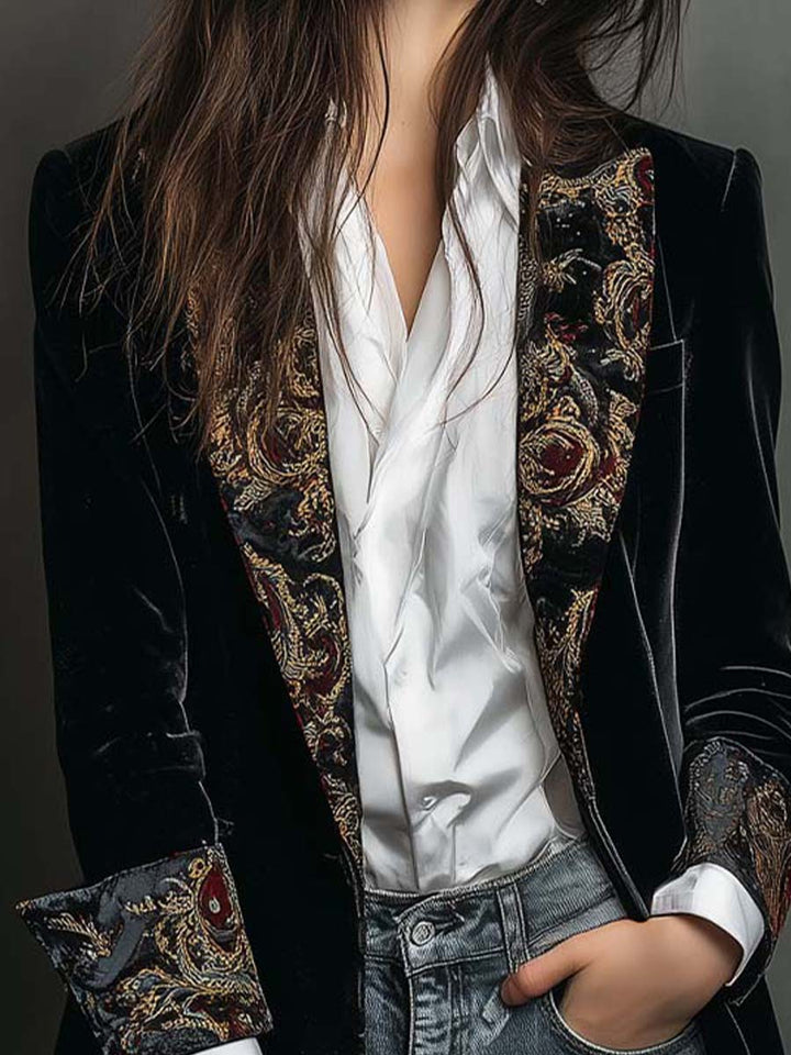 Blazer Slim Fit Feminino Preto com Estampa Barroca
