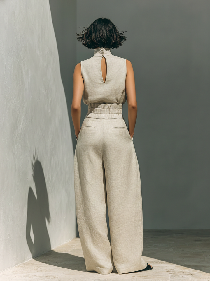 Maria™ | Conjunto completo com blusa de alças e calças largas de algodão e linho