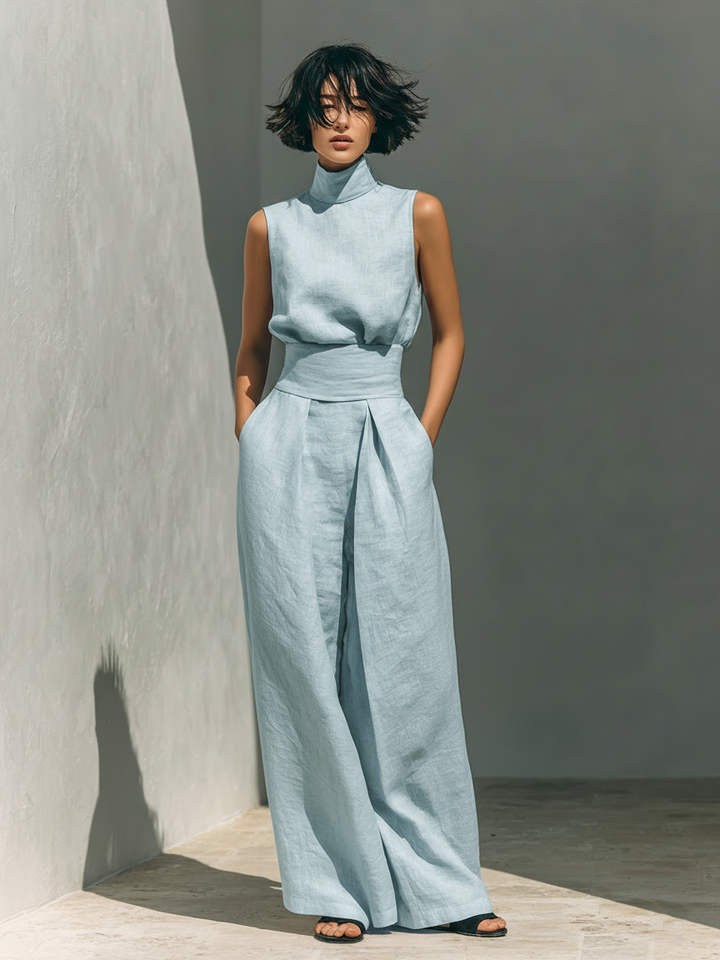 Maria™ | Conjunto completo com blusa de alças e calças largas de algodão e linho