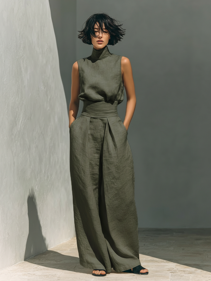 Maria™ | Conjunto completo com blusa de alças e calças largas de algodão e linho