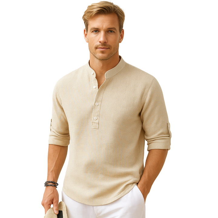 LucaMoretti™ Camisa Masculina de Algodão-Linho