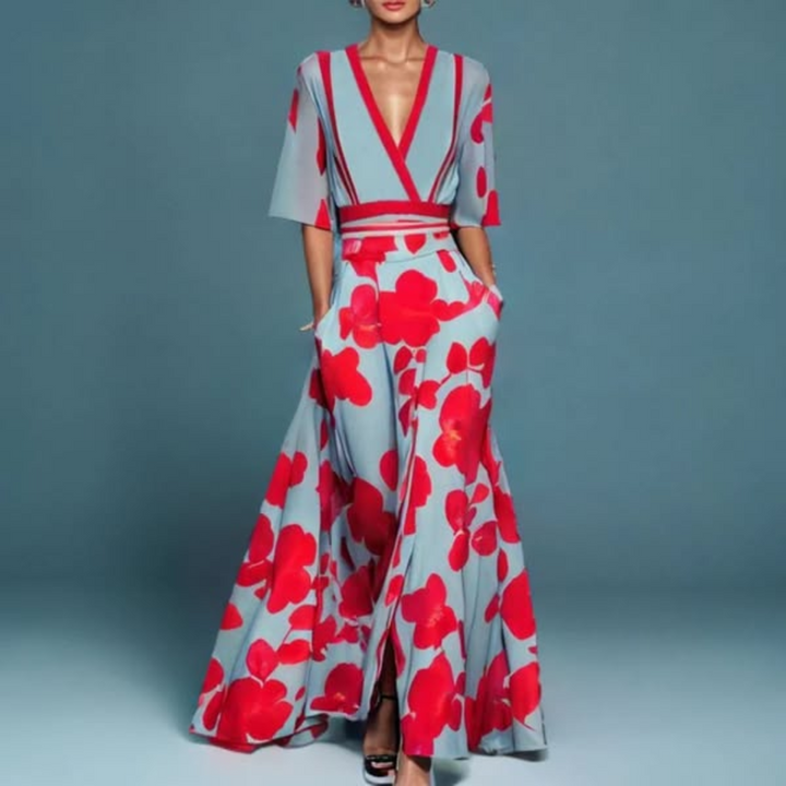 Hazel - Vestido Maxi Floral com Cinto e Decote em V