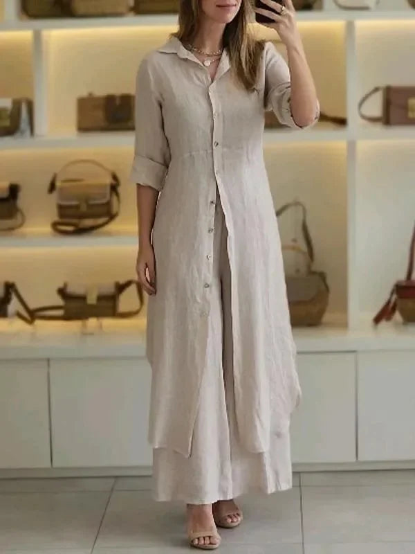 Alira – Vestido Blusa Relaxado e Calças de Linho de Perna Larga