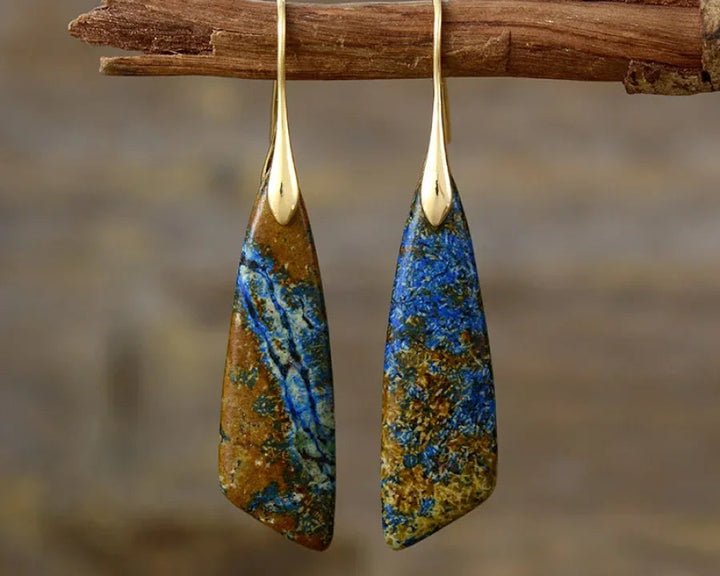 Brincos de Jaspe Marrom e Azul em Formato de Folha