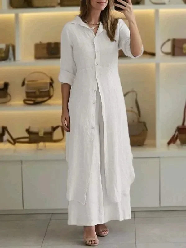 Alira – Vestido Blusa Relaxado e Calças de Linho de Perna Larga