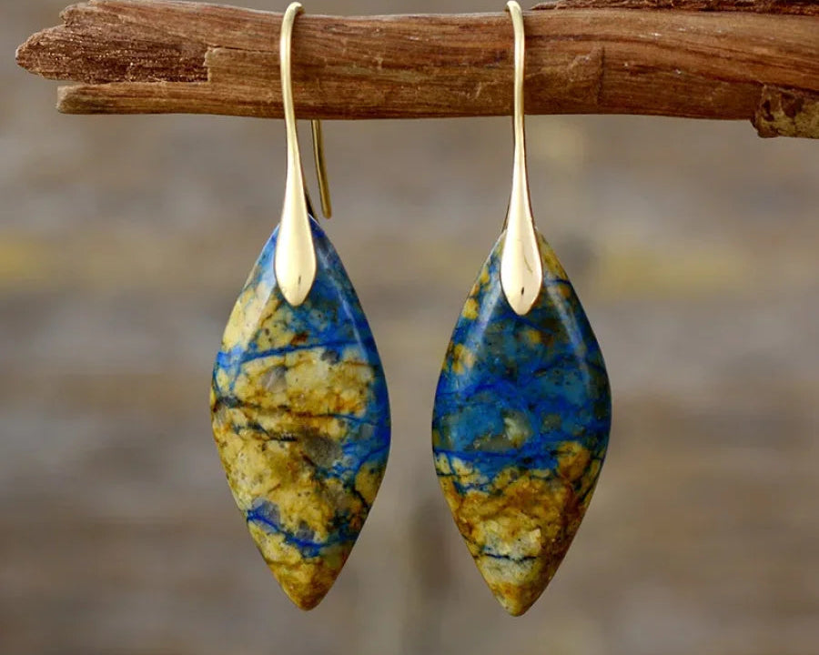 Brincos de Jaspe Marrom e Azul em Formato de Folha