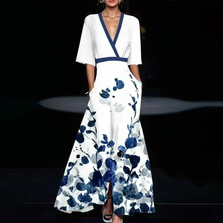 Hazel - Vestido Maxi Floral com Cinto e Decote em V
