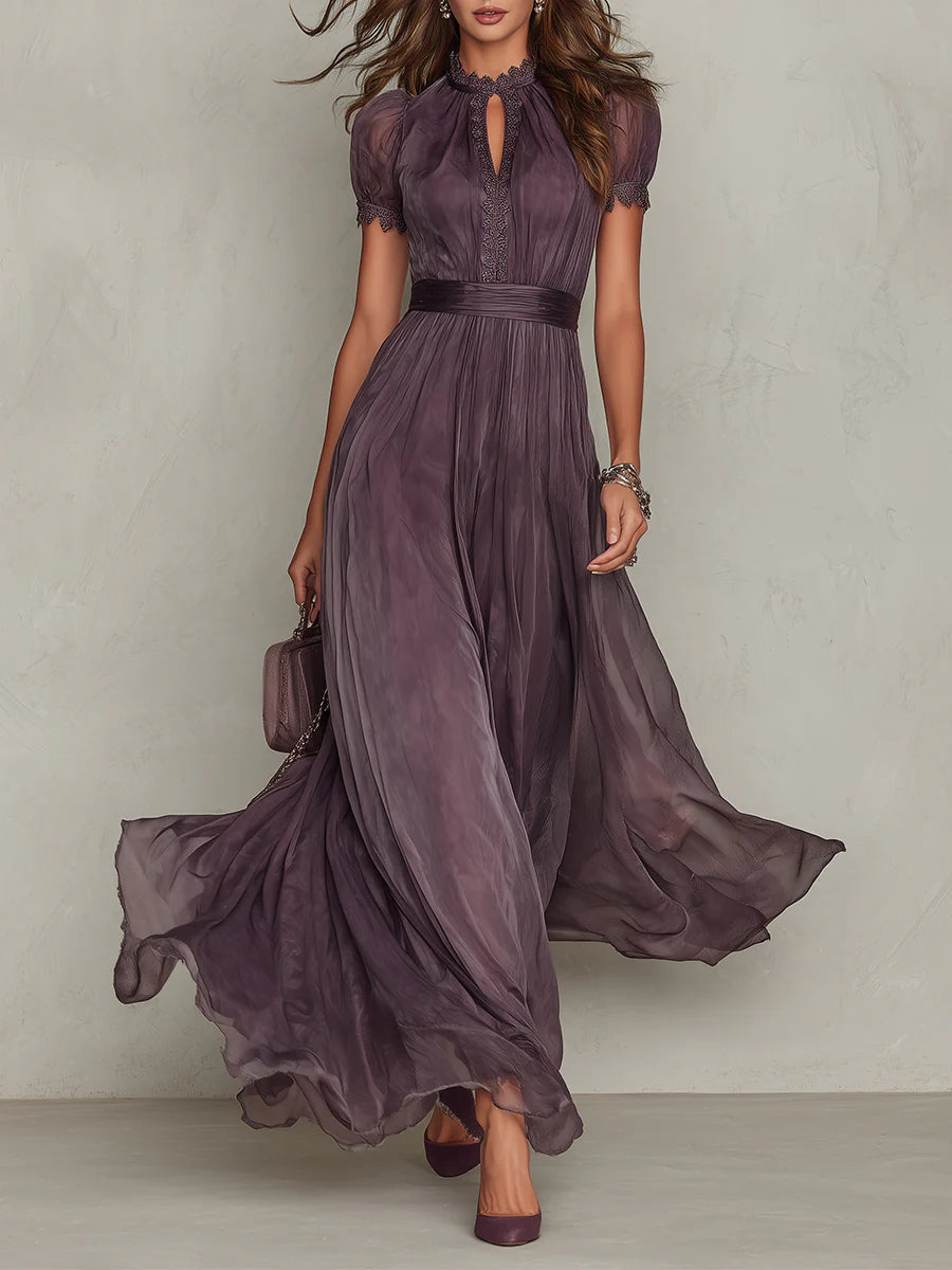 Flavia | Vestido longo roxo com decote em gota e acabamento em renda chiffon