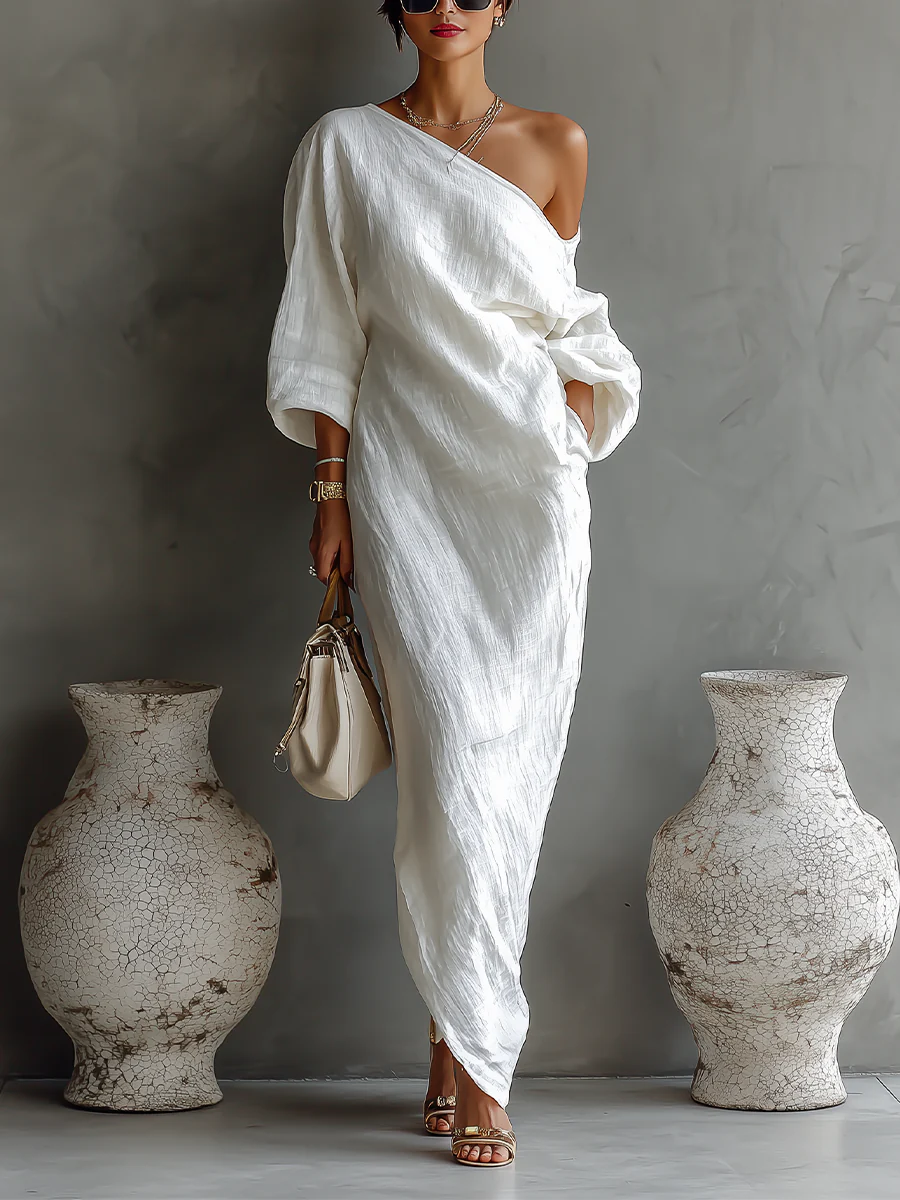 Elise™ | Vestido Maxi Elegante de Um Ombro em Branco