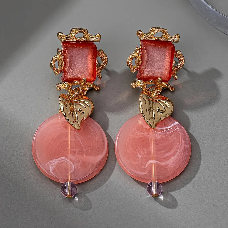 Golden Leaf With Geometric Resin Inlaid Dangle Earrings