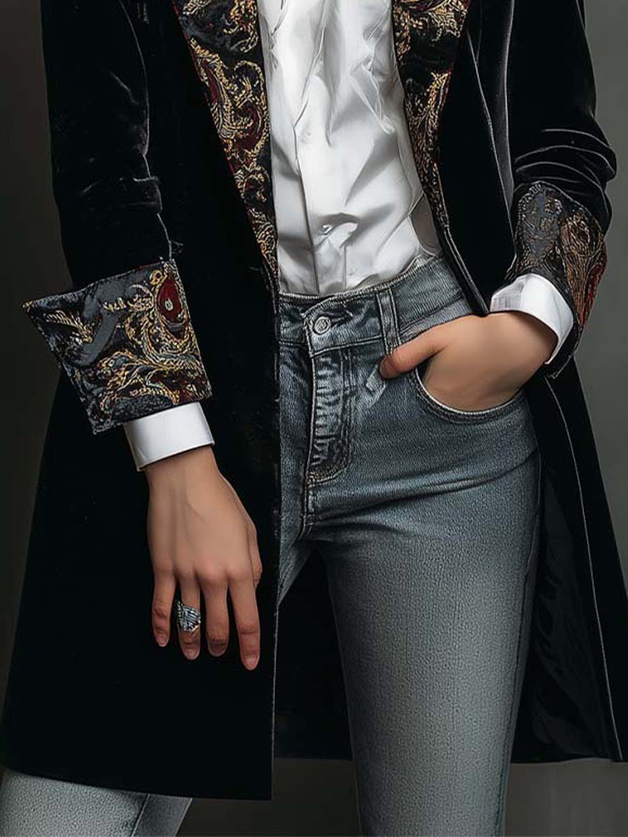 Blazer Slim Fit Feminino Preto com Estampa Barroca