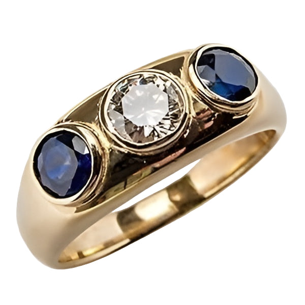 Anel vintage em ouro com incrustação de vidro azul e zircônio