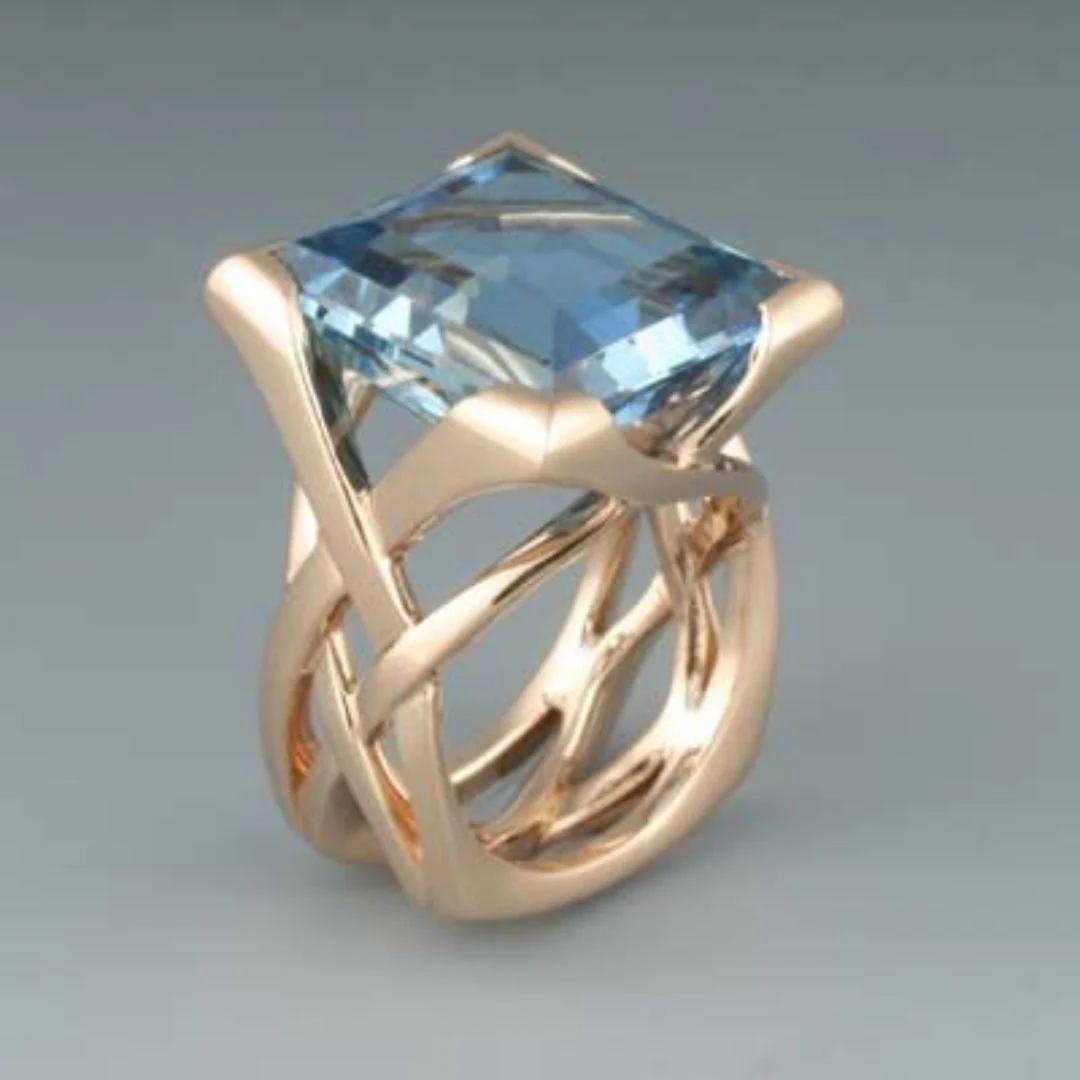 Anel Vintage de Ouro Rosa com Zircônia Azul