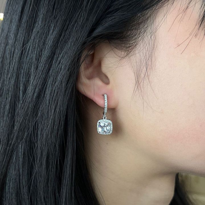 Brincos de Moissanite em Forma de Gotinha com Halo Quadrado | Ouro Branco 16k