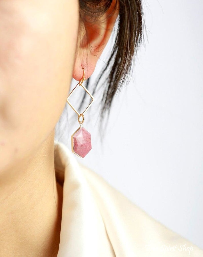 Brincos em Forma de Losango com Rodonita Rosa Natural