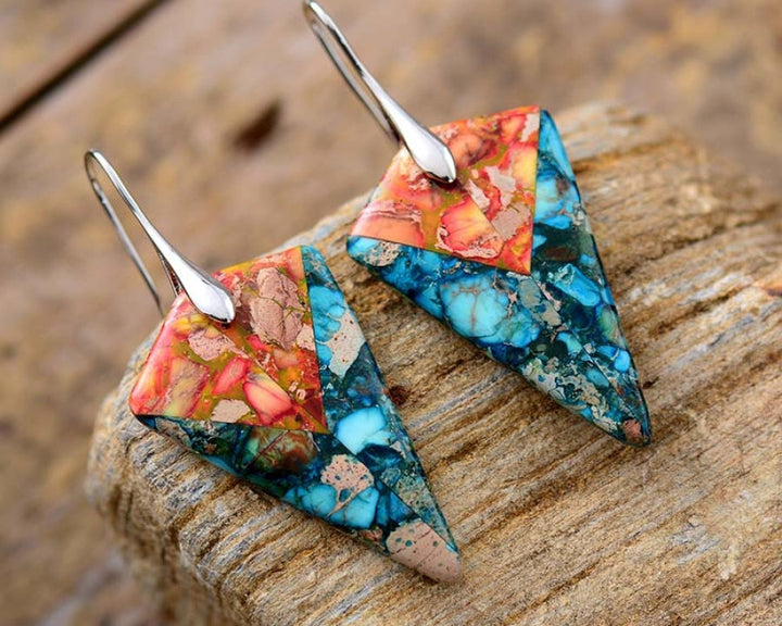 Brincos Coloridos de Jaspe Azul e Laranja